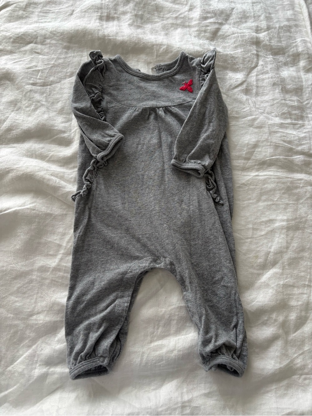 Burt's Bees Baby Gray Long-Sleeve Ruffle One-Piece with Pink Embroidery